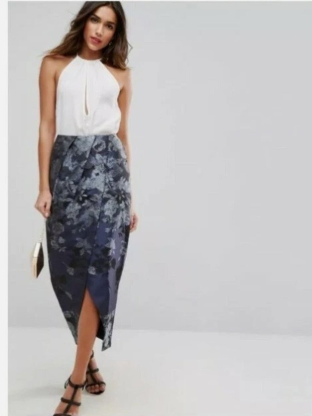 ASOS Blue Floral Jacquard Wrap Midi Skirt – Size 12 | Lined | Elegant Occasion